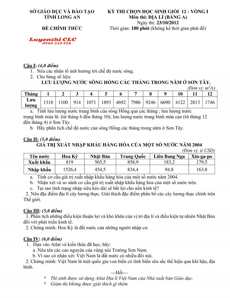 Đề thi chọn HSG lớp 12 v&agrave; đ&aacute;p &aacute;n m&ocirc;n Địa L&iacute; ( Bảng A - v&ograve;ng 1 ) tỉnh Long An năm 2012