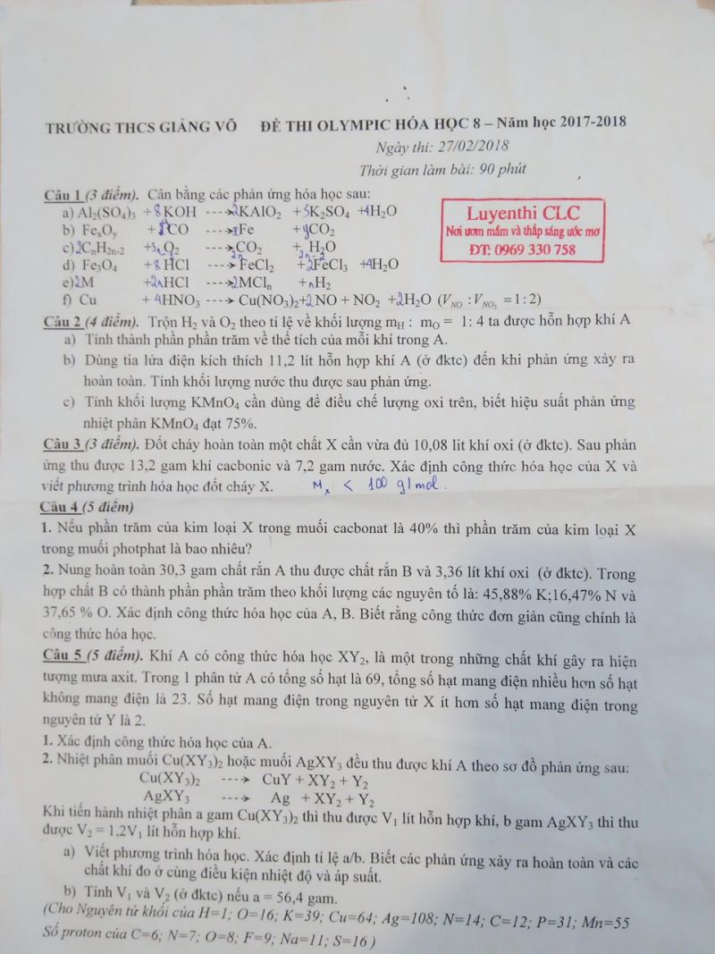 Đề thi Olympic m&ocirc;n H&oacute;a Học 8 Trường THCS Giảng V&otilde; năm 2018