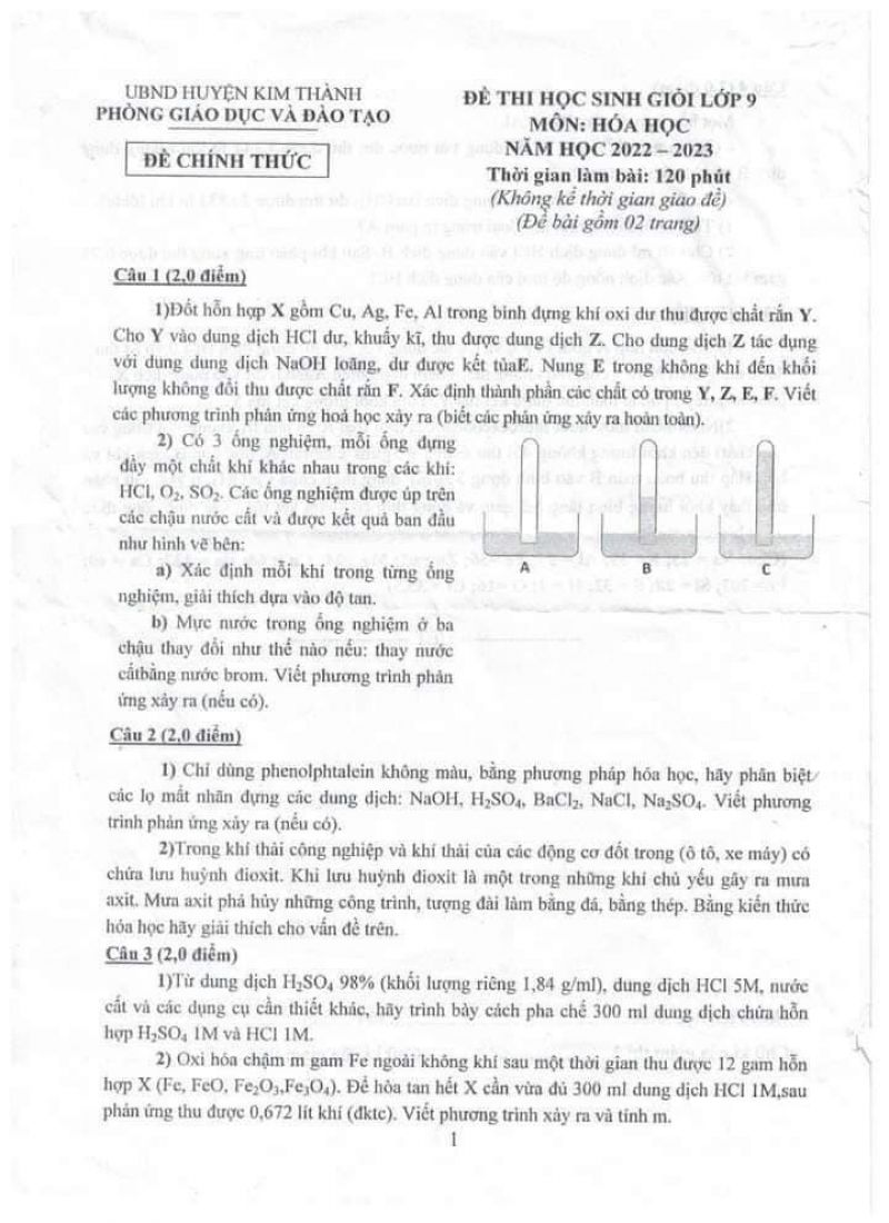 Đề thi HSG m&ocirc;n H&oacute;a Học lớp 9 huyện Kim Th&agrave;nh tỉnh Hải Dương năm 2023