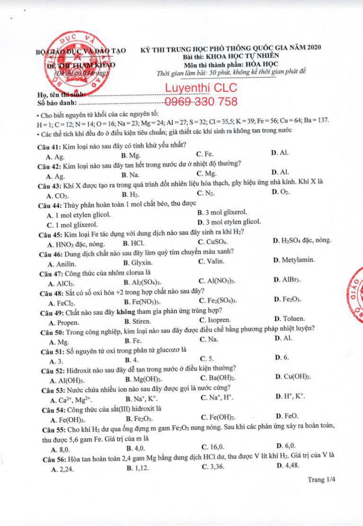 ĐỀ THI MINH HỌA THPTQG 2020 M&Ocirc;N HO&Aacute; - BỘ GI&Aacute;O DỤC V&Agrave; Đ&Agrave;O TẠO NĂM 2020