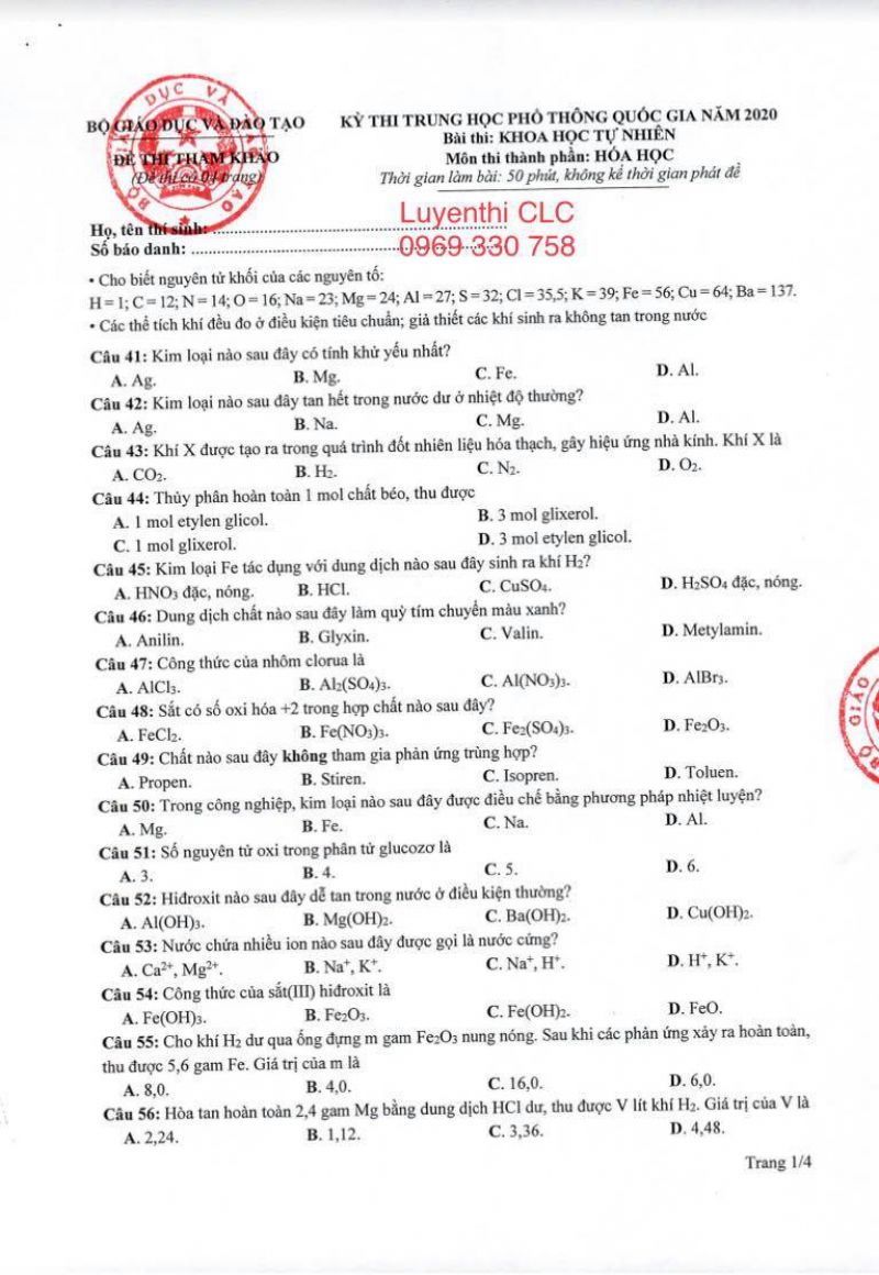 ĐỀ THI MINH HỌA THPTQG 2020 M&Ocirc;N HO&Aacute; - BỘ GI&Aacute;O DỤC V&Agrave; Đ&Agrave;O TẠO NĂM 2020