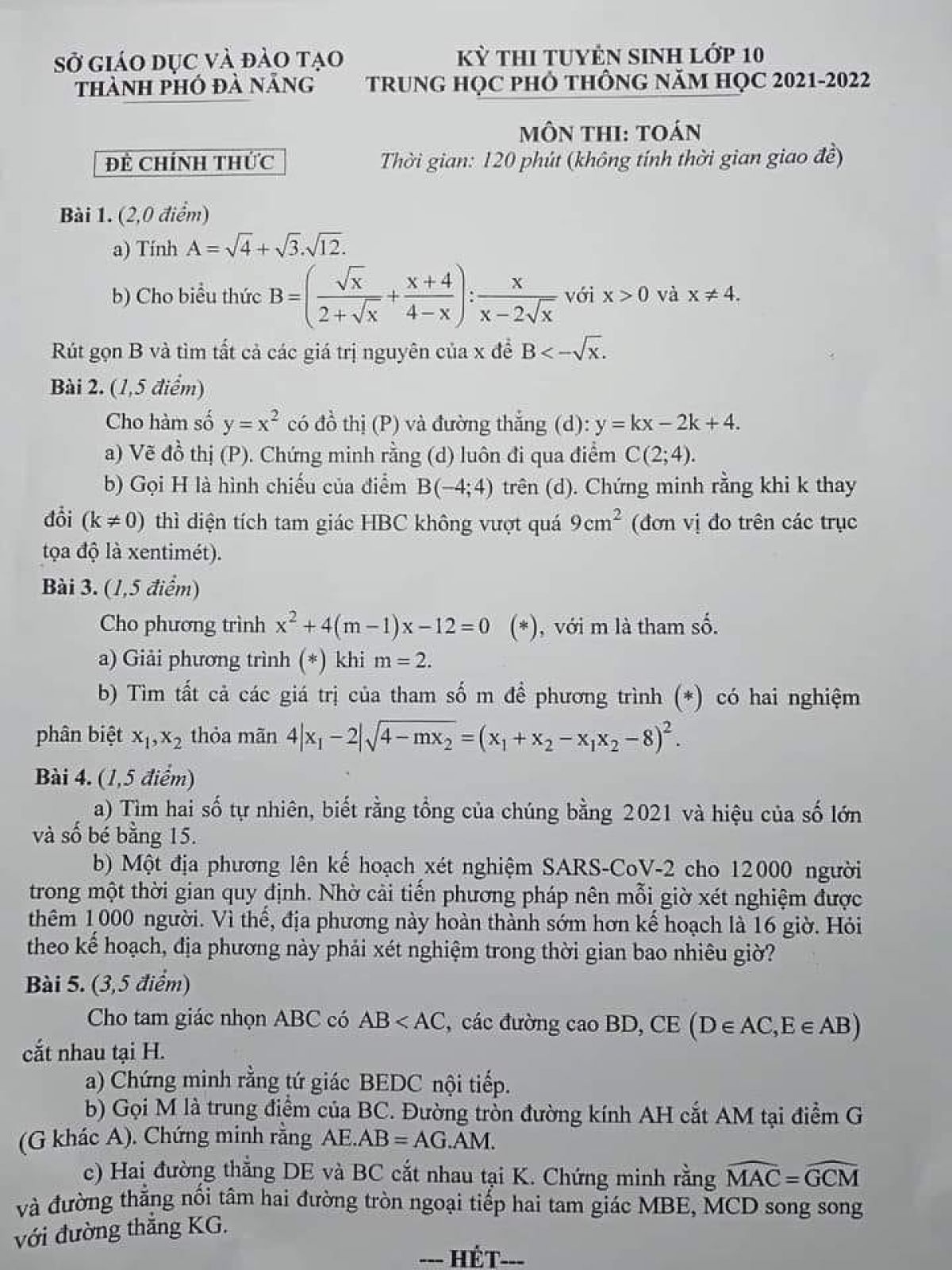 Đề thi tuyển sinh v&agrave;o lớp 10 THPT m&ocirc;n To&aacute;n th&agrave;nh phố Đ&agrave; Nẵng năm 2021