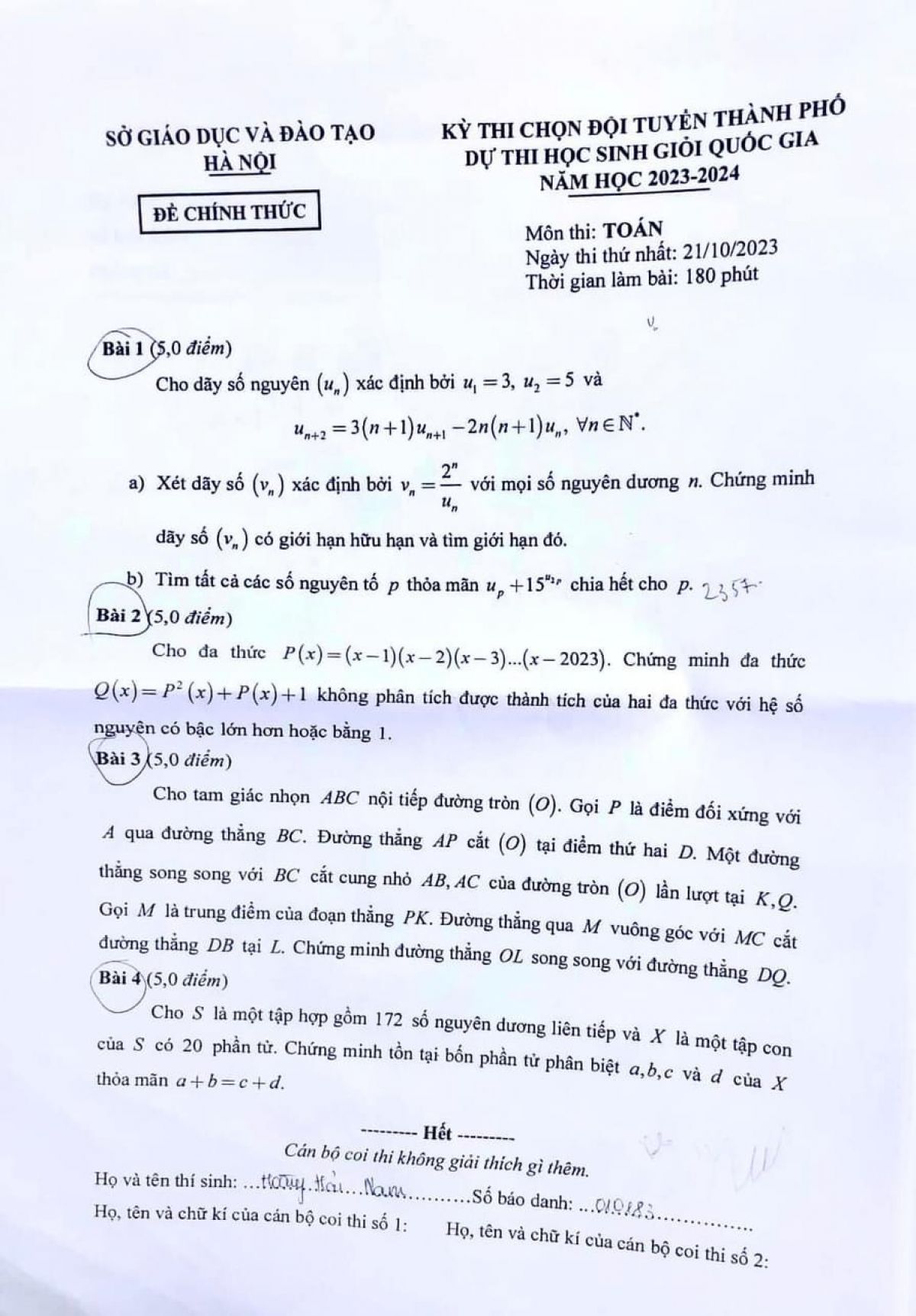 Đề thi chọn đội tuyển dự thi HSG Quốc Gia môn Toán tại Hà Nội năm 2023