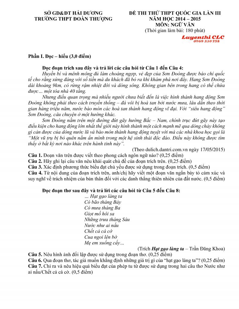 Đề thi thử THPT Quốc Gia lần III m&ocirc;n Ngữ Văn Trường THPT Đo&agrave;n Thượng tỉnh Hải Dương năm 2015