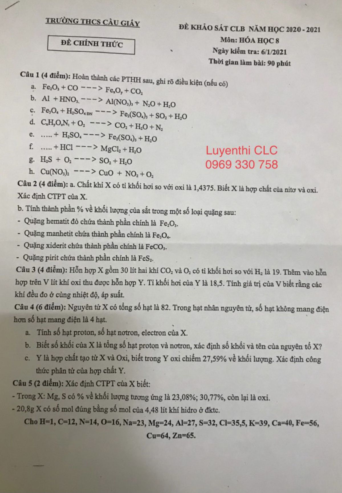 Đề khảo sát CLB môn Hóa Học lớp 8 Trường THCS Cầu Giầy năm 2021