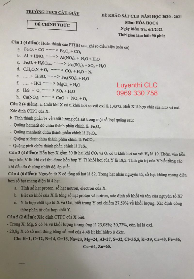 Đề khảo s&aacute;t CLB m&ocirc;n H&oacute;a Học lớp 8 Trường THCS Cầu Giầy năm 2021