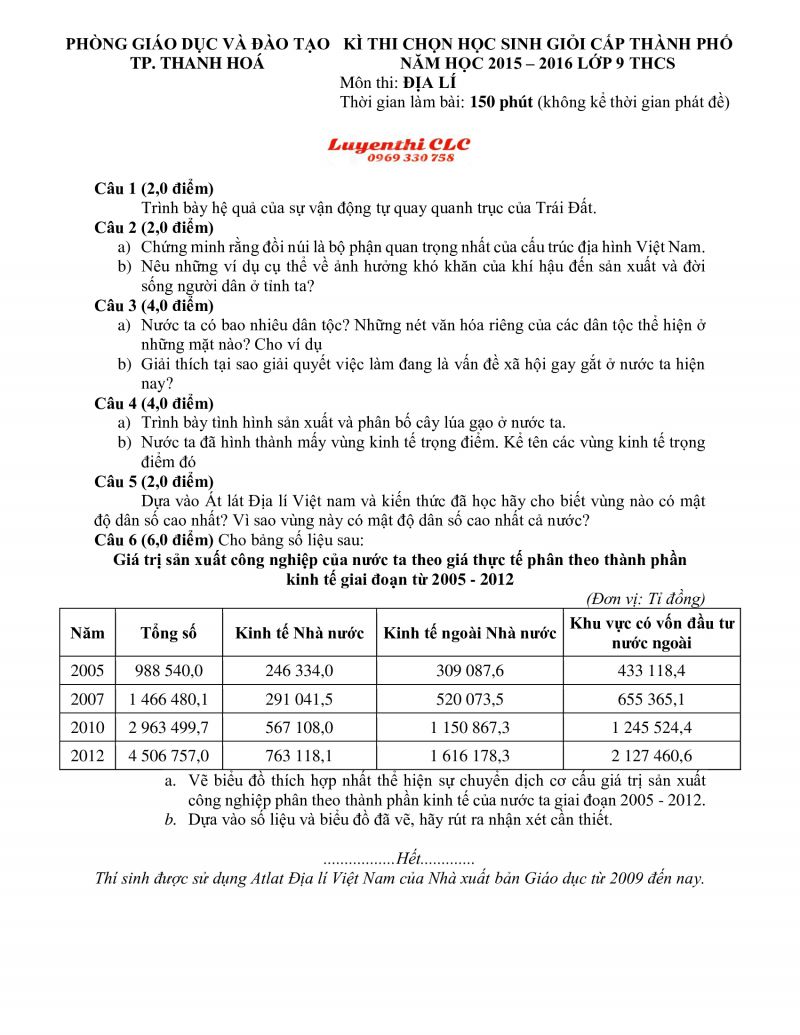 Đề thi chọn HSG cấp th&agrave;nh phố m&ocirc;n Địa L&iacute; lớp 9 THCS tỉnh Thanh H&oacute;a năm 2015