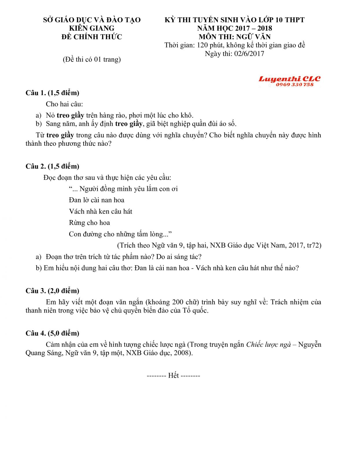 Đề thi tuyển sinh vào lớp 10 THPT môn Ngữ Văn tỉnh Kiên Giang năm 2017