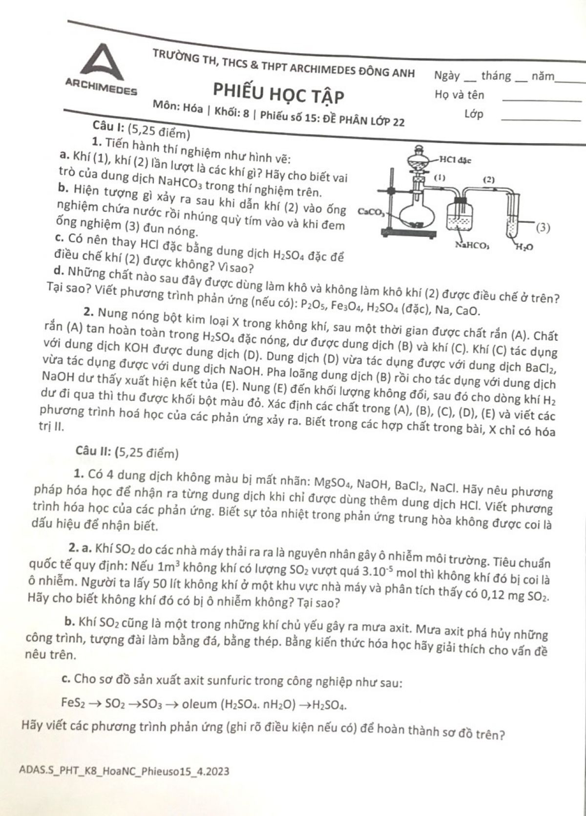 Phiếu học tập m&ocirc;n H&oacute;a Học khối 8 Trường THCS &amp; THPT Archimedes Đ&ocirc;ng Anh năm 2023