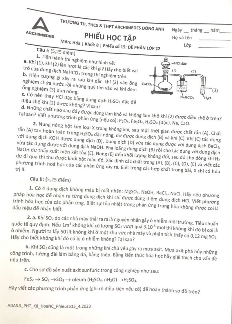 Phiếu học tập môn Hóa Học khối 8 Trường THCS &amp; THPT Archimedes Đông Anh năm 2023