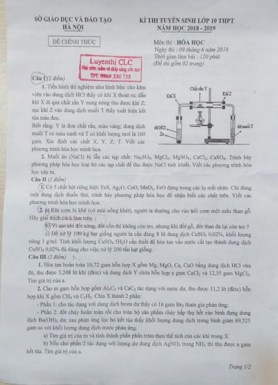 Đề thi tuyển sinh vào lớp 10 THPT môn Hóa Học tại Hà Nội năm 2018