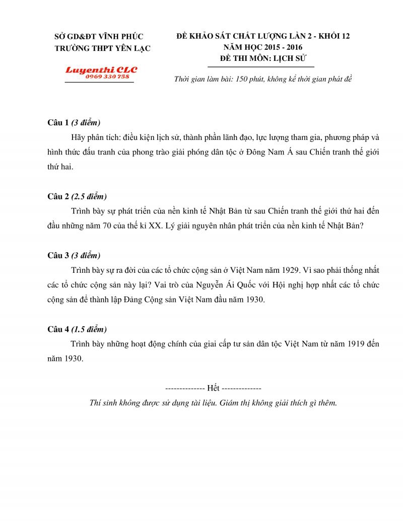Đề khảo s&aacute;t chất lượng lần 2 m&ocirc;n Lịch Sử khối 12 Trường THPT Y&ecirc;n Lạc, tỉnh Vĩnh Ph&uacute;c năm 2016