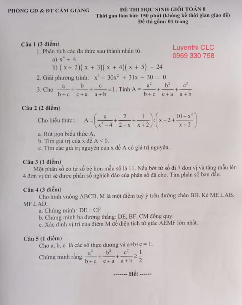 Đề thi chọn HSG môn Toán lớp 8 huyện Cẩm Giàng tỉnh Hải Dương