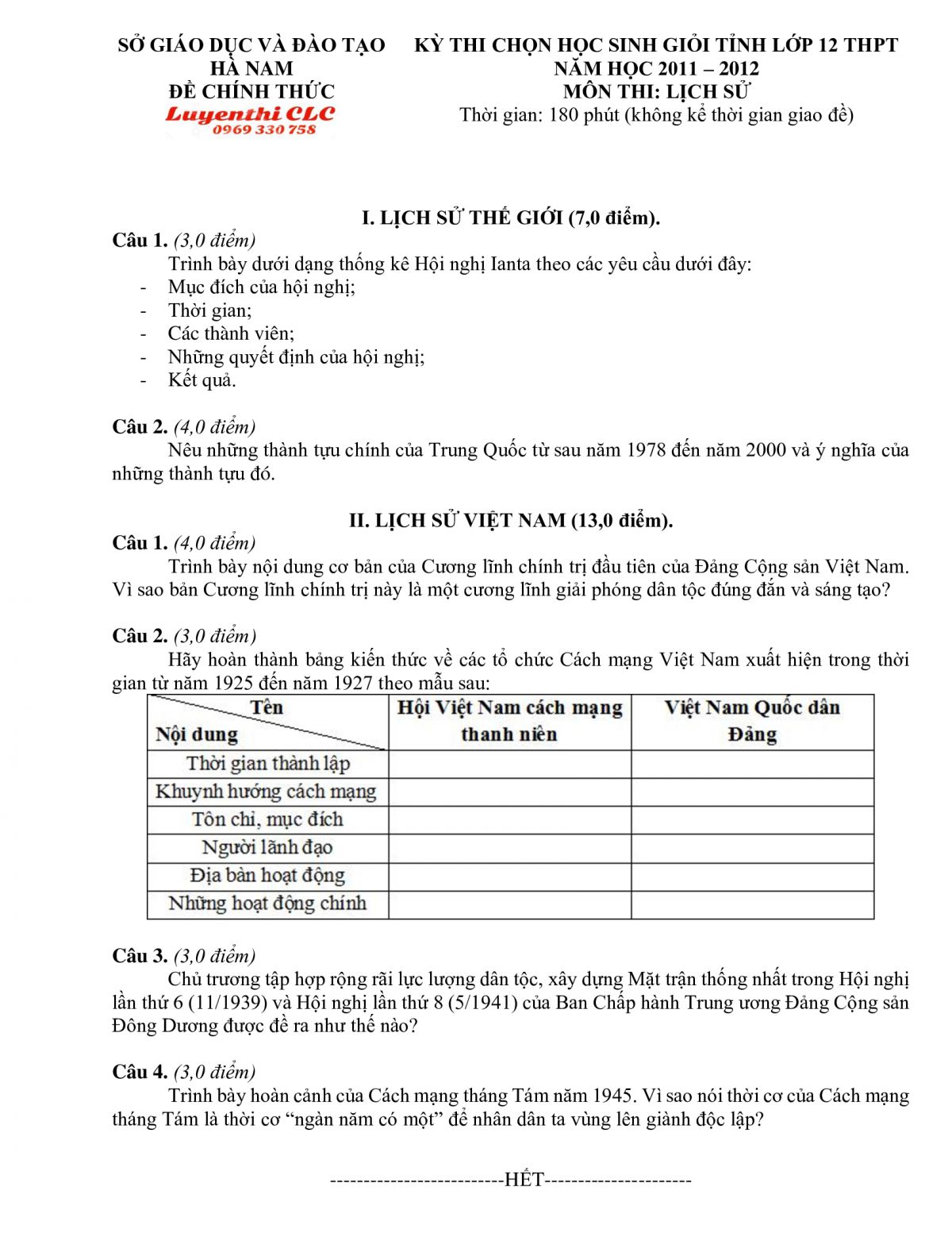 Đề thi chọn HSG tỉnh lớp 12 THPT m&ocirc;n Lịch Sử tỉnh H&agrave; Nam năm 2011