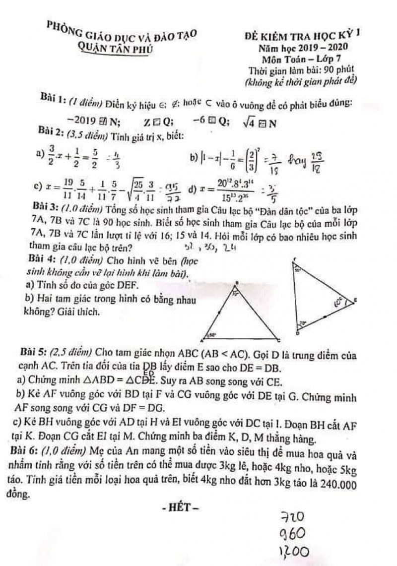 Đề kiểm tra học kì I môn Toán lớp 7 quận Tân Phú, TP. Hồ Chí Minh năm 2019