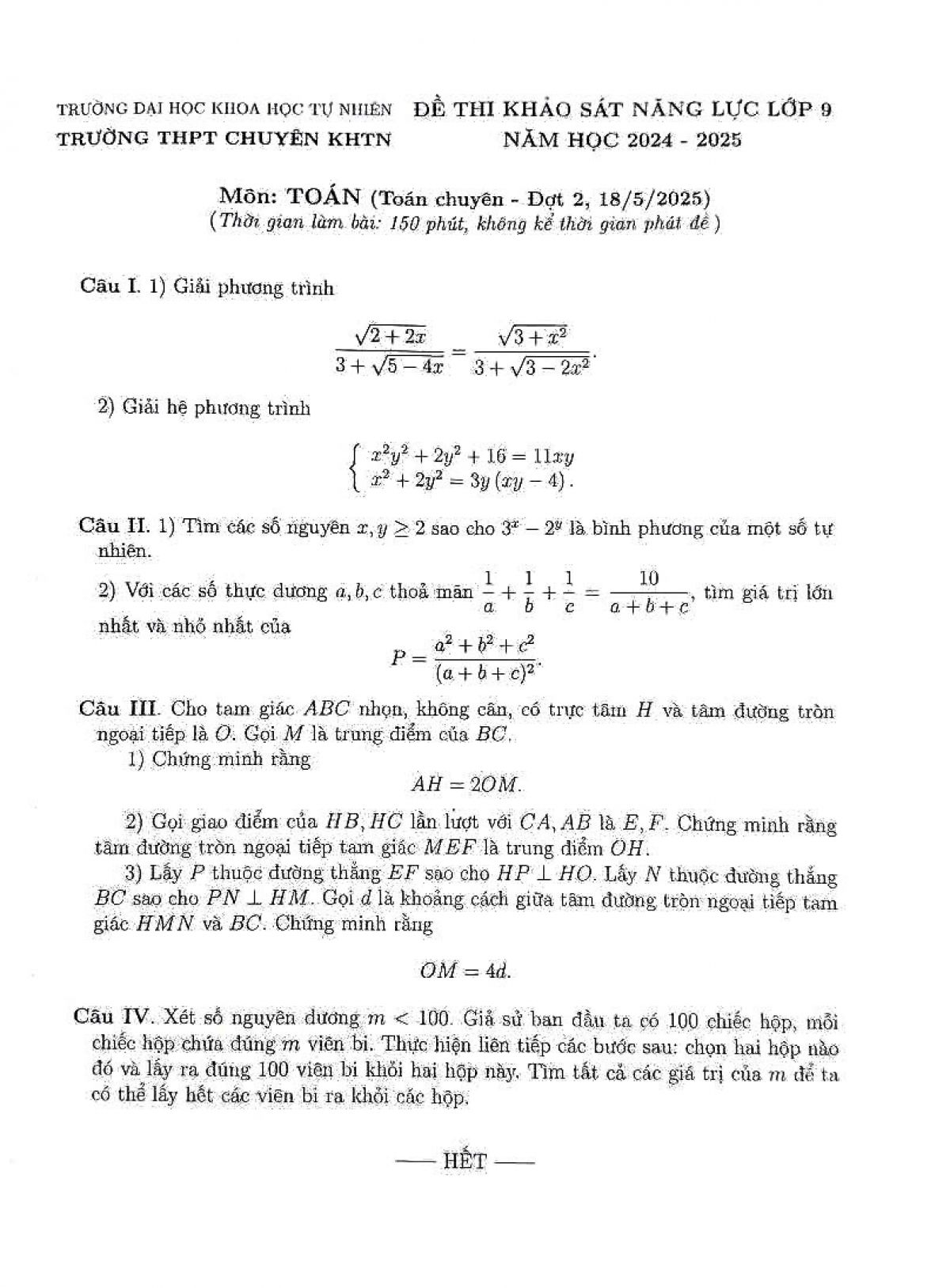 Đề thi Khảo s&aacute;t năng lực lớp 9 m&ocirc;n To&aacute;n chuy&ecirc;n ( đợt 2) - THPT Chuy&ecirc;n KHTN năm học 2024-2025