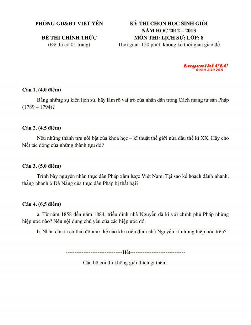 Đề thi chọn HSG m&ocirc;n Lịch Sử lớp 8 tỉnh Bắc Giang năm 2013