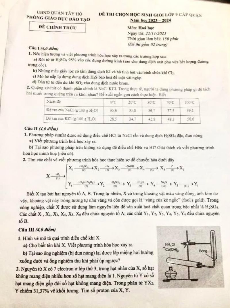 Đề thi chọn HSG môn Hóa Học lớp 9 quận Tây Hồ, Hà Nội năm 2023