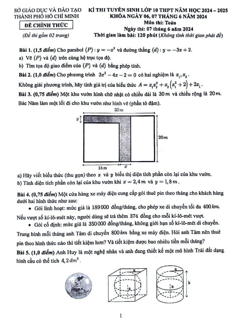 Đề thi và đáp án vào lớp 10 THPT môn Toán sở GD&amp;ĐT TP Hồ Chí Minh năm 2024-2025