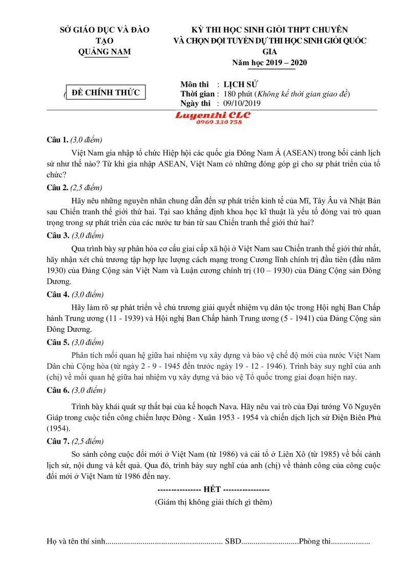 Đề thi HSG THPT CHUYÊN và chọn đội tuyển dự thi HSG Quốc Gia môn Lịch Sử tỉnh Quảng Nam năm 2019
