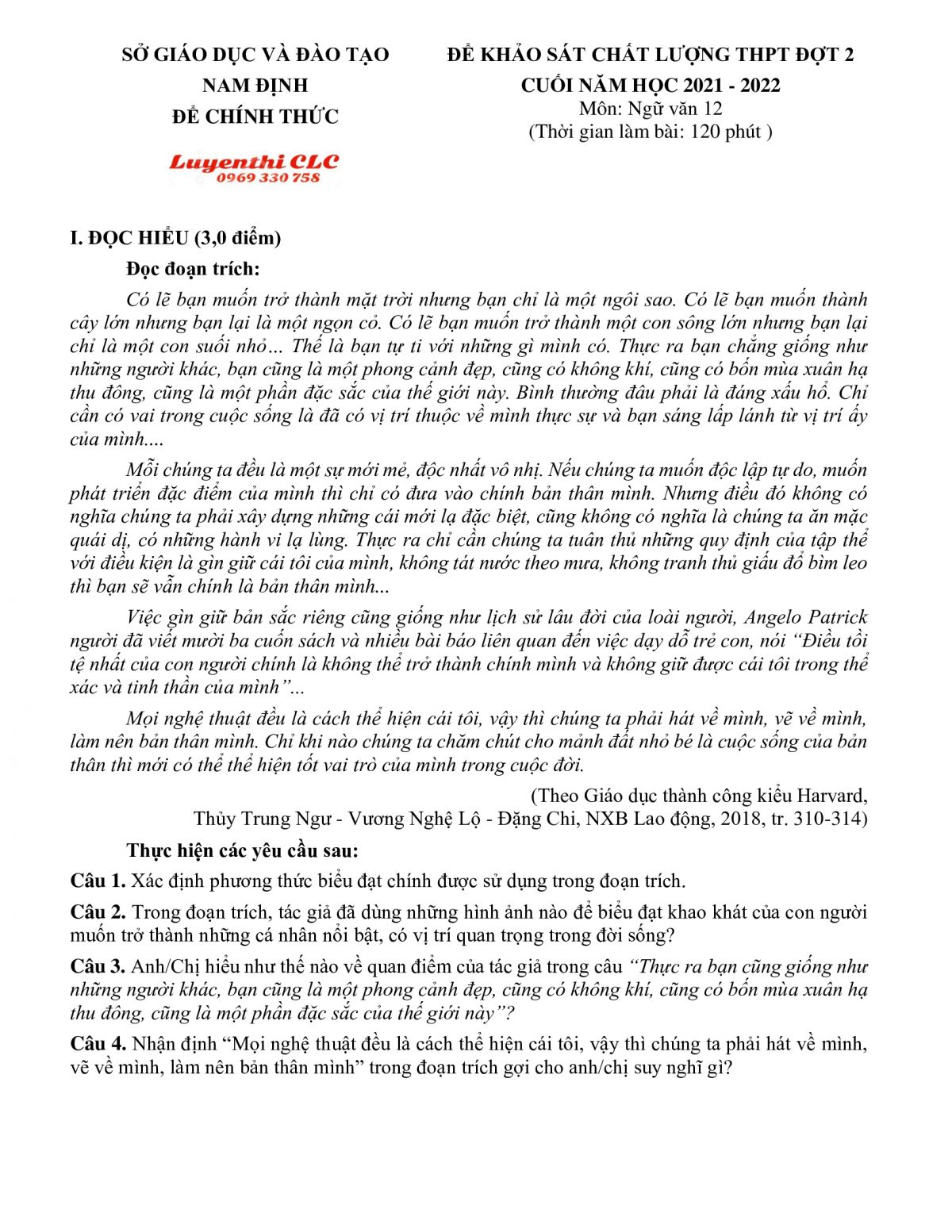 Đề khảo s&aacute;t chất lượng cuối năm học m&ocirc;n Ngữ Văn lớp 12 tỉnh Nam Định năm 2022