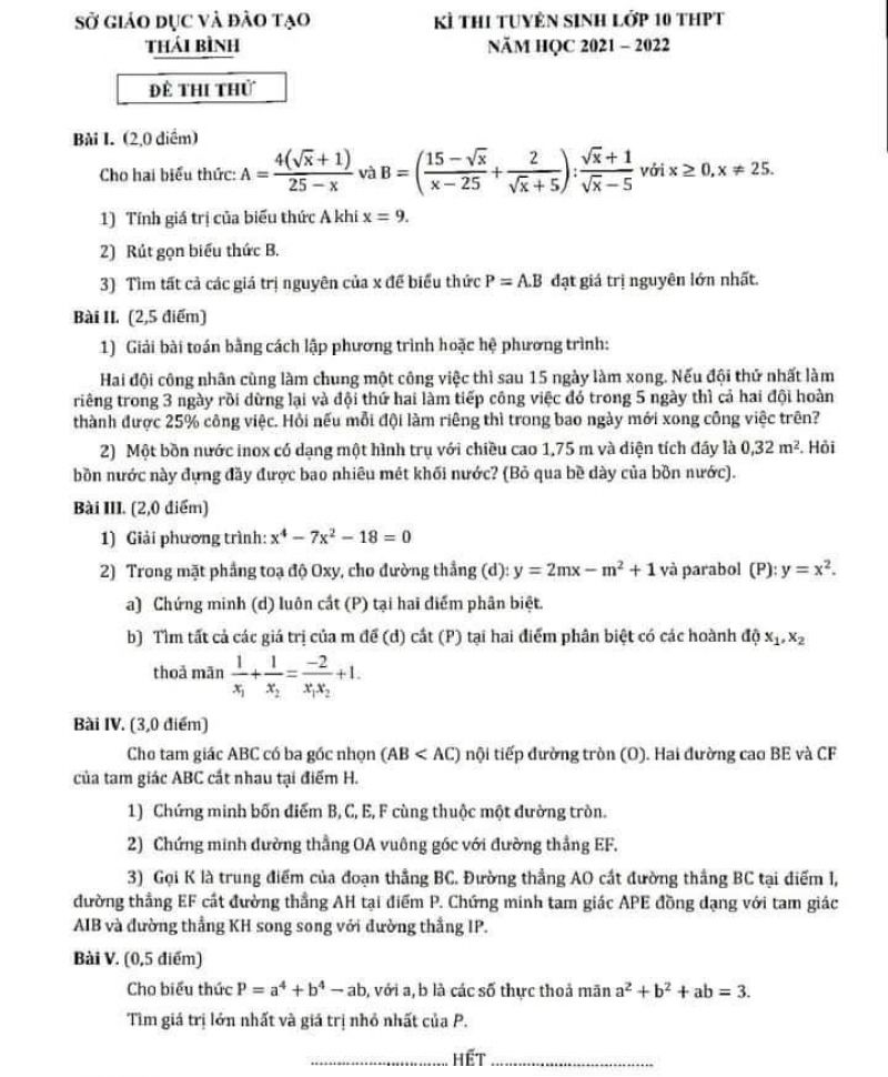 Đề thử thi tuyển sinh v&agrave;o lớp 10 THPT m&ocirc;n To&aacute;n tỉnh Th&aacute;i B&igrave;nh năm 2021
