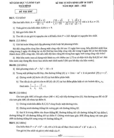 Đề thử thi tuyển sinh vào lớp 10 THPT môn Toán tỉnh Thái Bình năm 2021