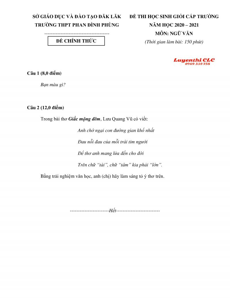 Đề thi chọn HSG m&ocirc;n Ngữ Văn lớp 12 THPT tỉnh Đắk Lắk năm 2020