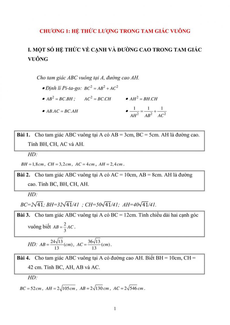 Hệ thức lượng trong tam gi&aacute;c vu&ocirc;ng, tỉ số lượng gi&aacute;c v&agrave; b&agrave;i tập