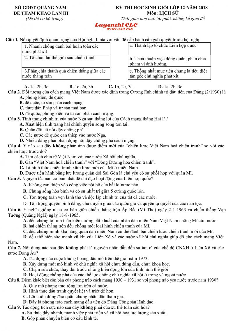 Đề thi HSG lớp 12 m&ocirc;n Lịch Sử tỉnh Quảng Nam năm 2018 (Đề khảo s&aacute;t lần III)