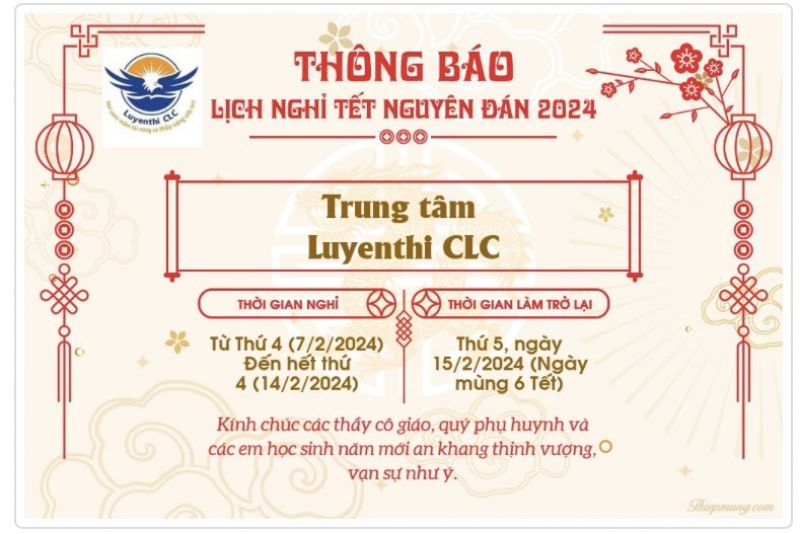 THÔNG BÁO LỊCH NGHỈ TẾT NGUYÊN ĐÁN