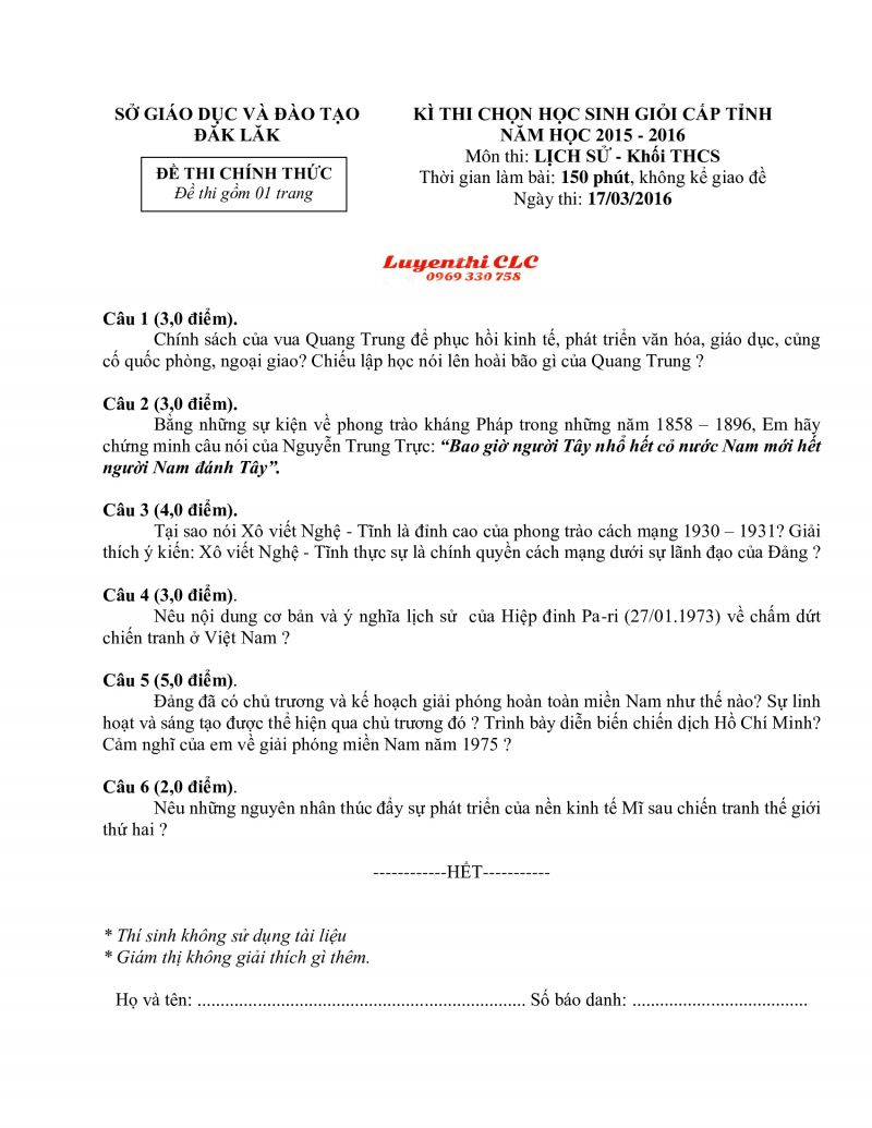 Đề thi chọn HSG cấp tỉnh m&ocirc;n Lịch Sử khối THCS - lần 1 tỉnh Đắk Lắk năm 2016