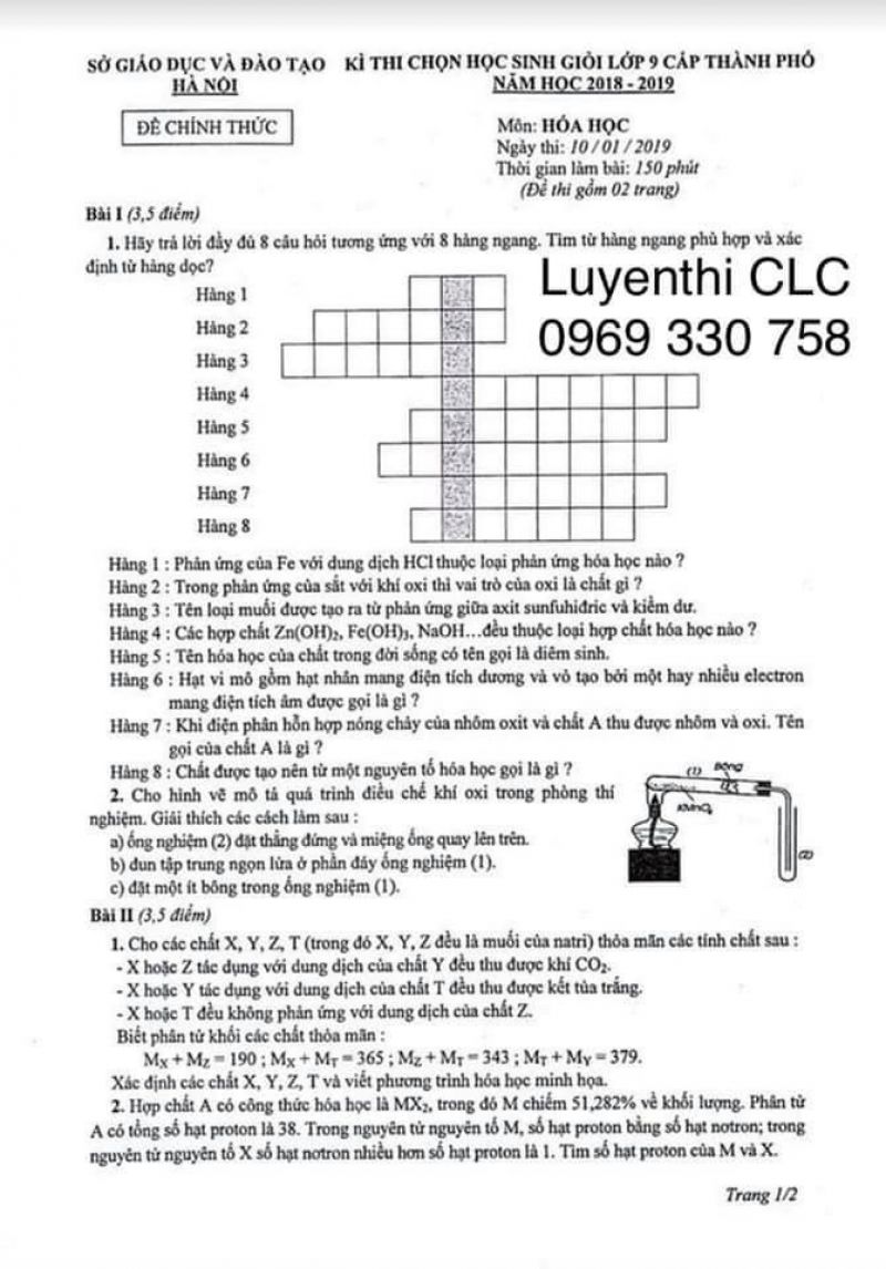 Đề thi chọn HSG lớp 9 cấp thành phố môn Hóa  Học tại Hà Nội năm 2019