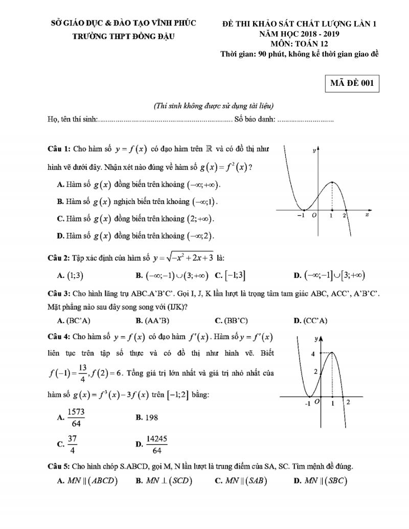 Đề thi khảo sát chất lượng môn Toán lớp 12 lần 1 Trường THPT Đồng Đậu tỉnh Vĩnh Phúc  năm 2019