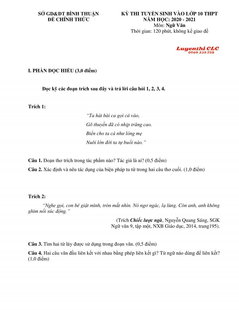 Đề thi tuyển sinh v&agrave;o lớp 10 THPT m&ocirc;n Ngữ Văn tỉnh B&igrave;nh Thuận năm 2020