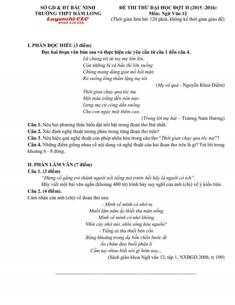 Đề thi thử đại học đợt II môn Ngữ Văn lớp 12 Trường THPT Hàm Long tỉnh Bắc Ninh năm 2016