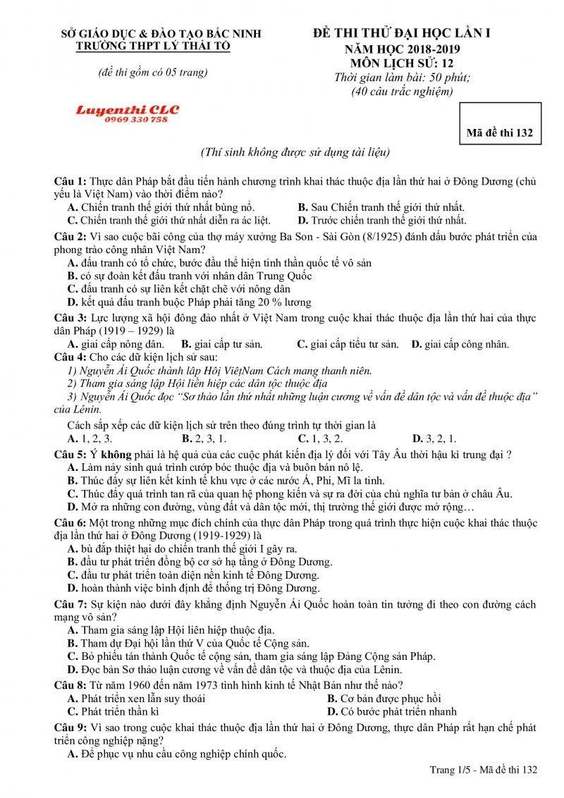 Đề thi thử đại học lần 1 môn Lịch Sử lớp 12 Trường THPT Lý Thái Tổ tỉnh Bắc Ninh năm 2018