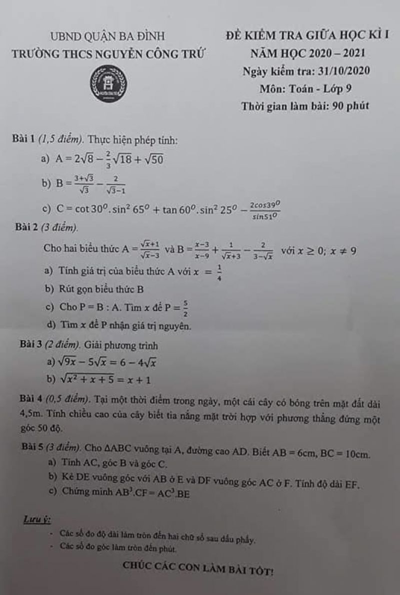 Đề kiểm tra giữa học kì I môn Toán lớp 9 Trường THCS Nguyễn Công Trứ, quận Ba Đình năm 2020