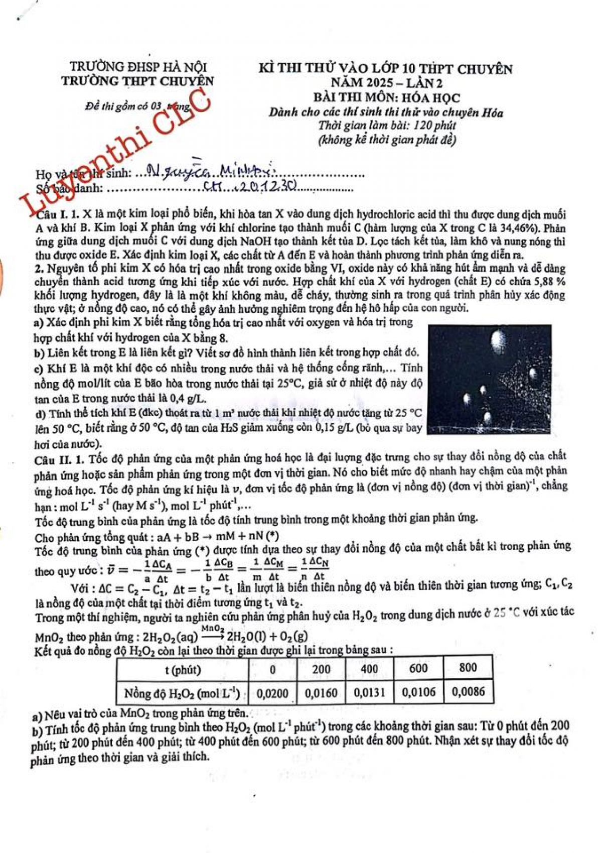 Đề thi thử v&agrave;o 10 THPT chuy&ecirc;n Sư Phạm lần 2 m&ocirc;n H&oacute;a năm 2025-2026