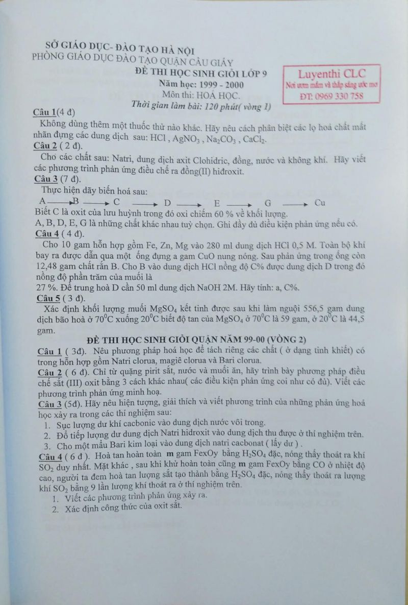Đề thi HSG lớp 9 môn Hóa Học tại Hà Nội năm 2000
