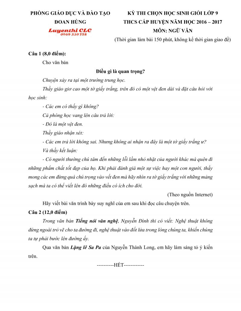 Đề thi chọn HSG lớp 9 THCS cấp huyện m&ocirc;n Ngữ Văn, huyện Đoan H&ugrave;ng, tỉnh Ph&uacute; Thọ năm 2016