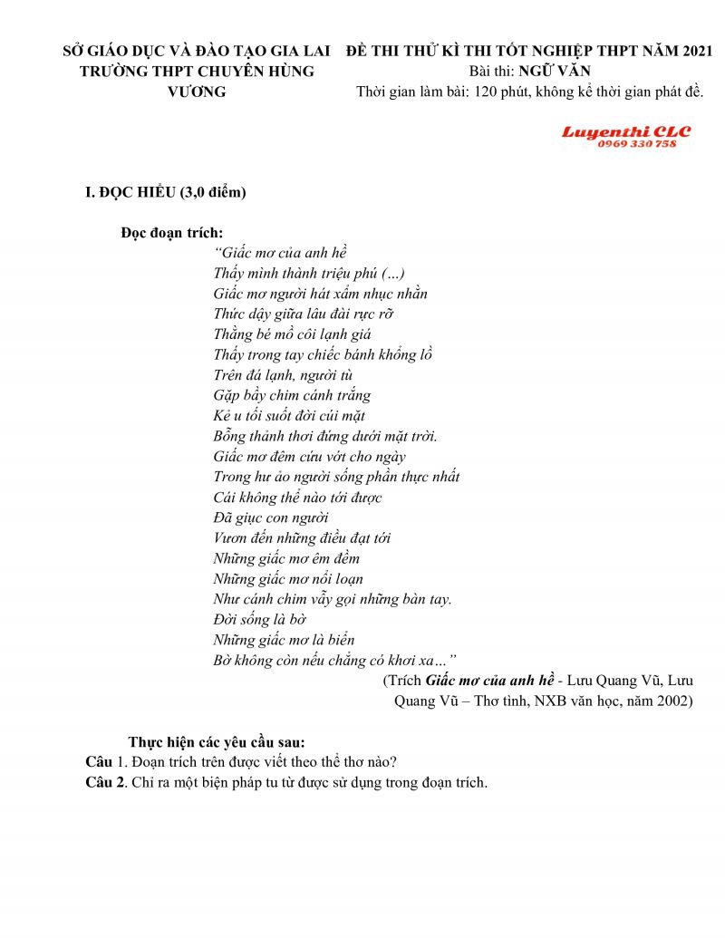 Đề thi thử tốt nghiệp THPT m&ocirc;n Ngữ Văn Trường THPT CHUY&Ecirc;N H&ugrave;ng Vương, tỉnh Gia Lai năm 2021
