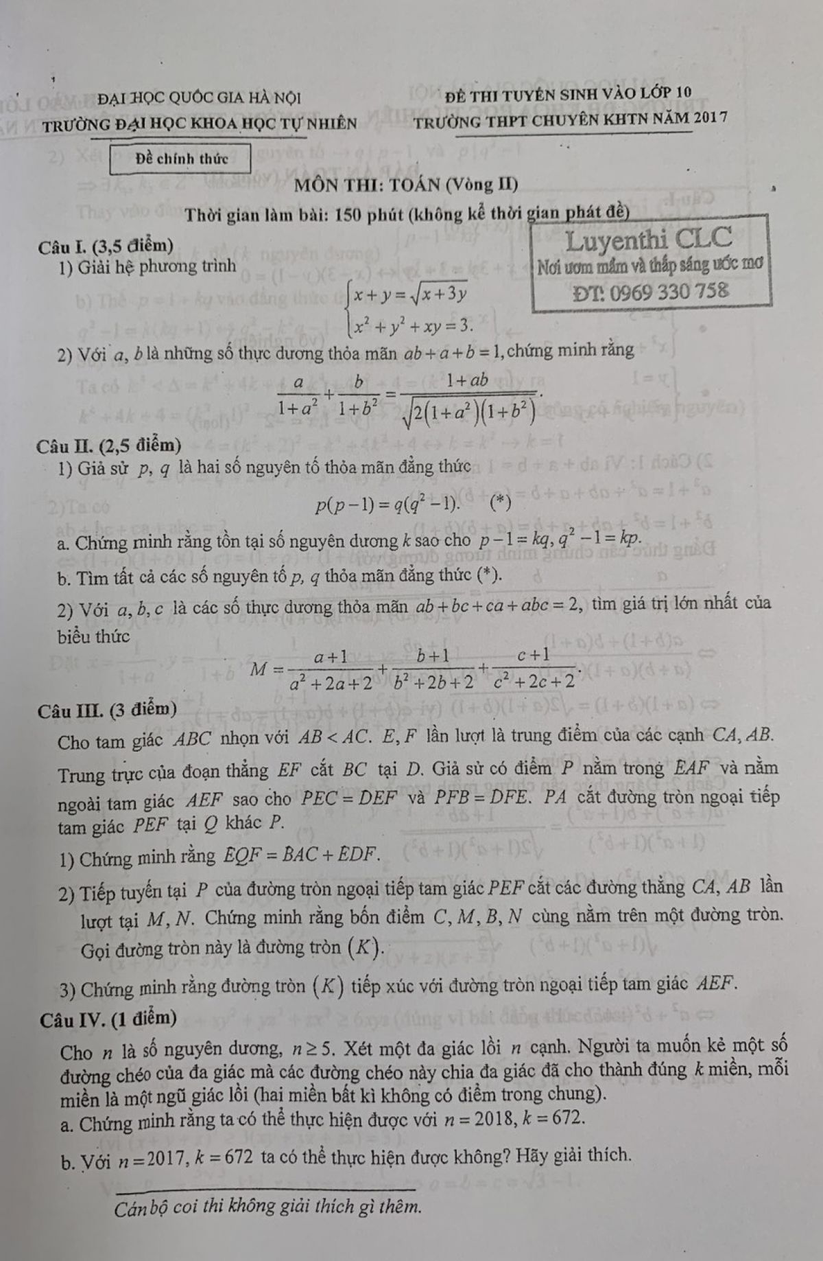 Đề thi tuyển sinh vào lớp 10 môn Toán ( vòng 2 ) Trường THPT CHUYÊN KHTN năm 2017