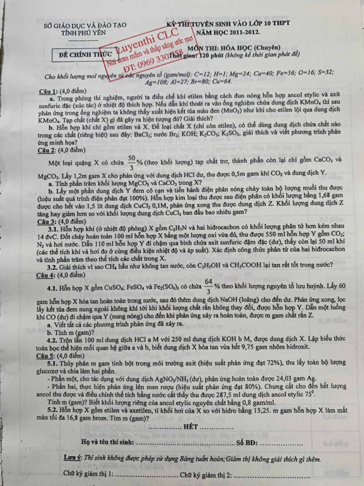 Đề thi tuyển sinh v&agrave;o lớp 10 THPT CHUY&Ecirc;N v&agrave; đ&aacute;p &aacute;n  m&ocirc;n H&oacute;a Học tỉnh Ph&uacute; Y&ecirc;n năm 2012