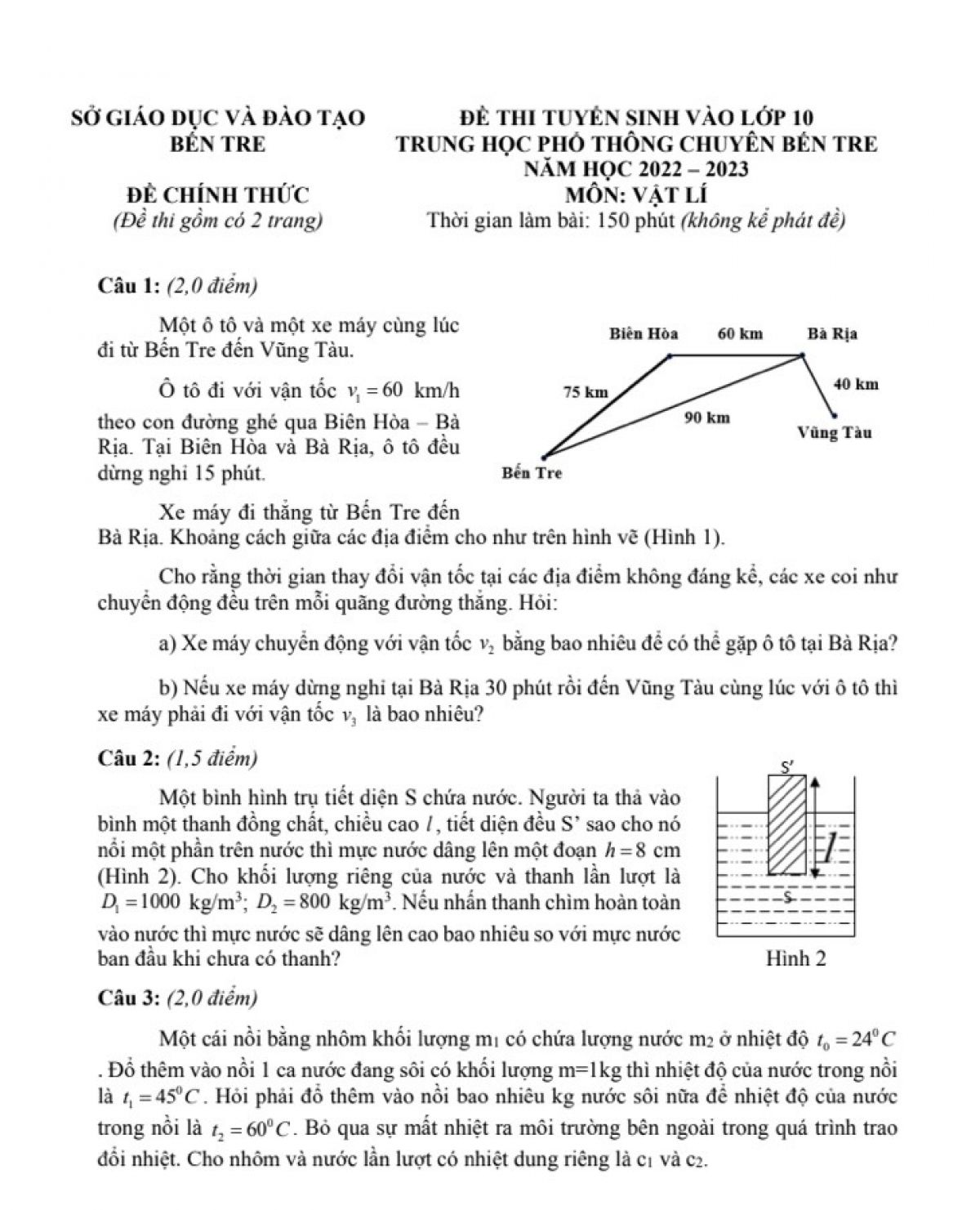 Đề thi tuyển sinh vào lớp 10 môn Vật Lí Trường THPT Chuyên Bến Tre năm 2022