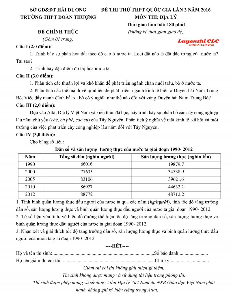 Đề thi thử THPT Quốc Gia lần 3 môn Địa Lý tỉnh Hải Dương năm 2016