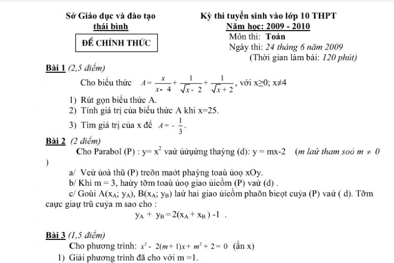 Đề thi tuyển sinh v&agrave;o lớp 10 THPT m&ocirc;n To&aacute;n tỉnh Th&aacute;i B&igrave;nh năm 2009