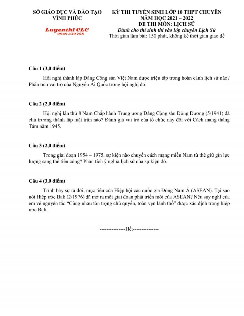Đề thi tuyển sinh v&agrave;o lớp 10 THPT CHUY&Ecirc;N m&ocirc;n Lịch Sử tỉnh Vĩnh Ph&uacute;c năm 2021