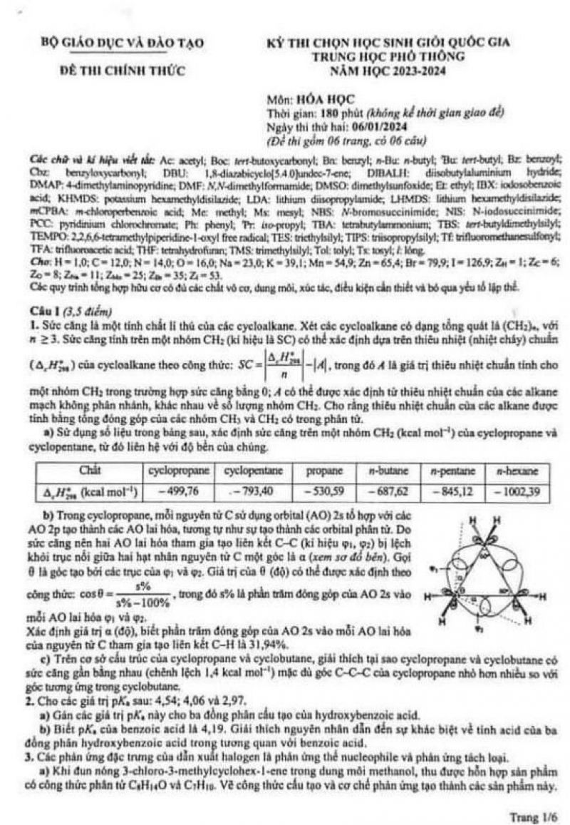Đề thi chọn HSG quốc gia THPT môn Hóa Học ngày 6/1/2024