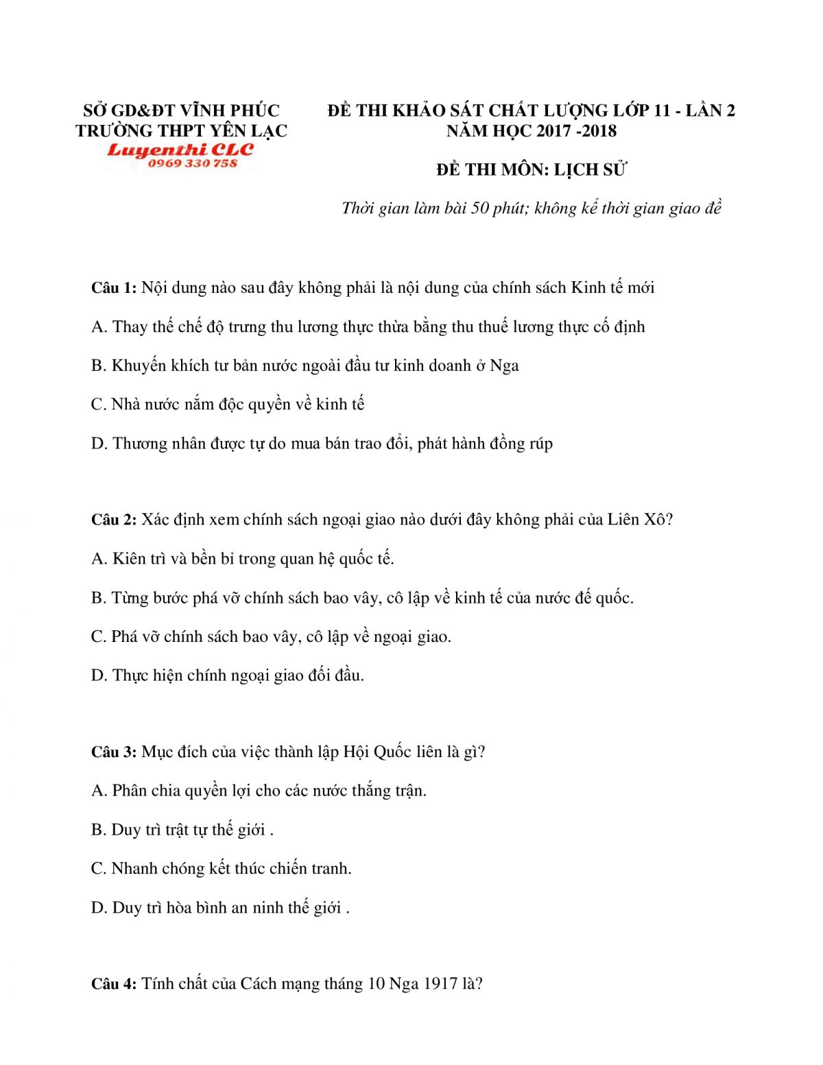 Đề thi khảo sát chất lượng lớp 11 lần 2 và đáp án môn Lịch Sử tỉnh Vĩnh Phúc năm 2017